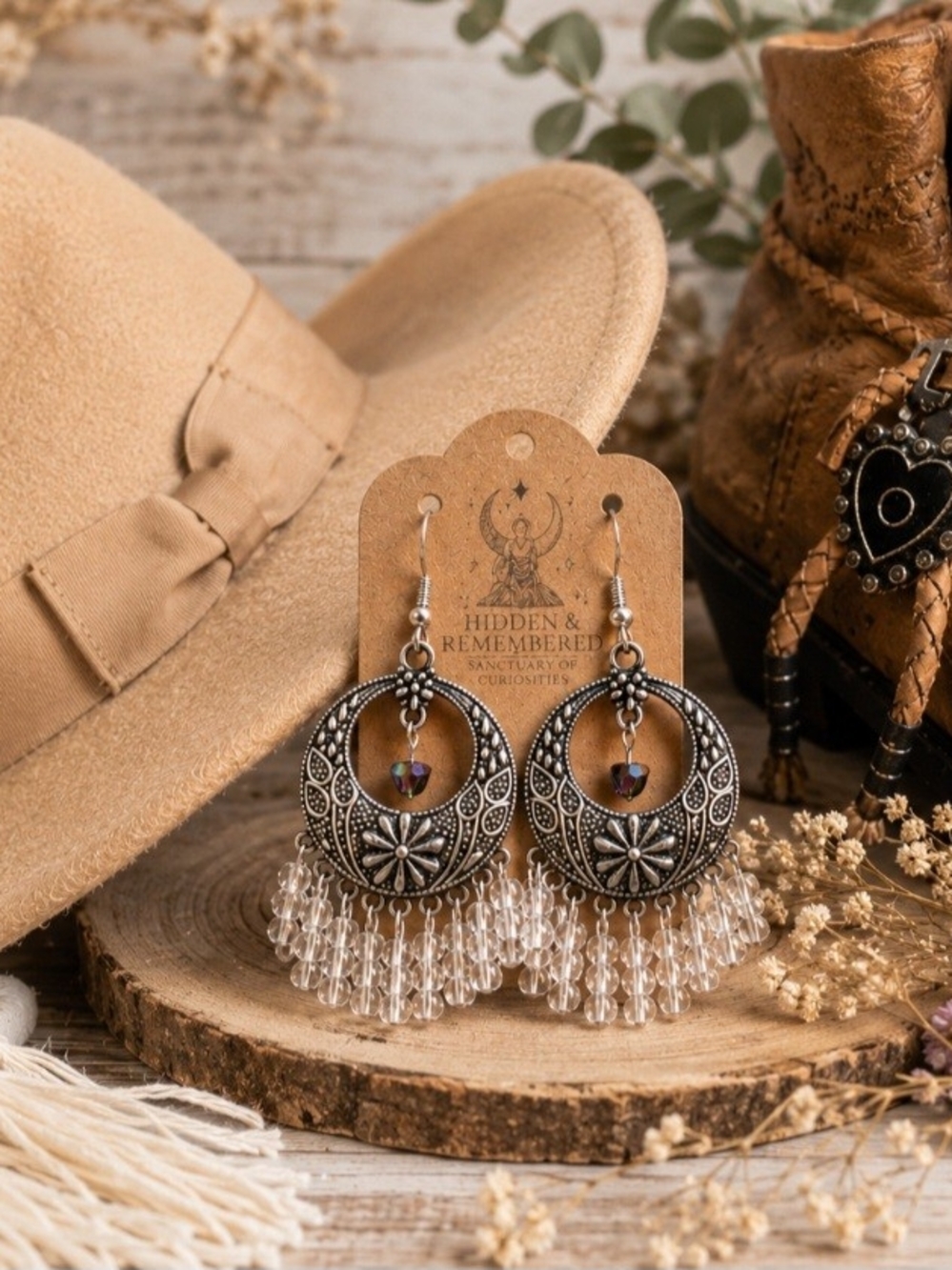 Boho Western Bundle | Leather Boots Size 6 1/2M+Fedora Hat+Statement Earrings